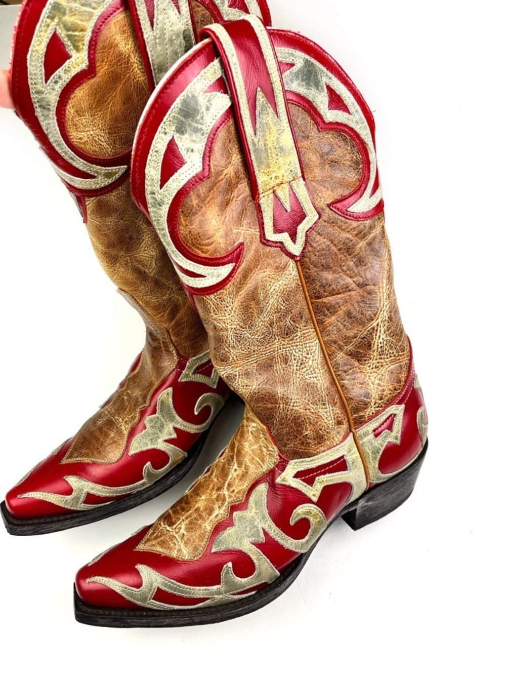 Vintage Sterling River Tan Red Leather Snip-Toe Western Cowgirl Boots size 7.5